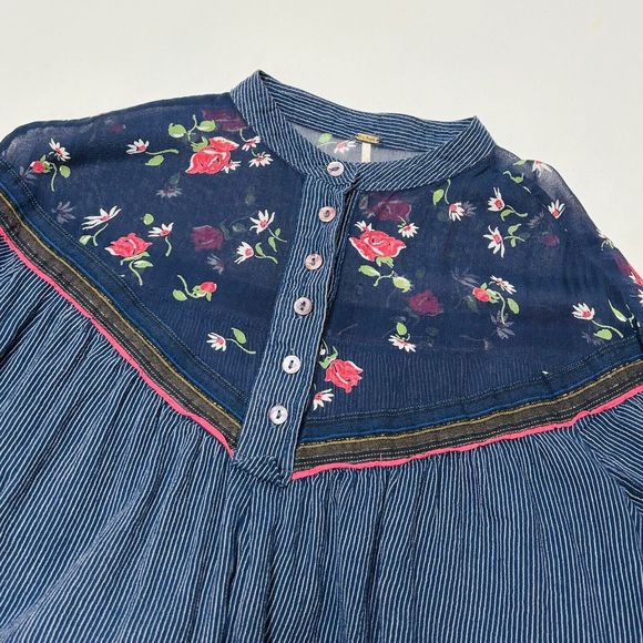 Free People Hearts And Colors Tunic Top SMALL Navy Blue Pin Stripe Sheer Floral - Picture 9 of 15